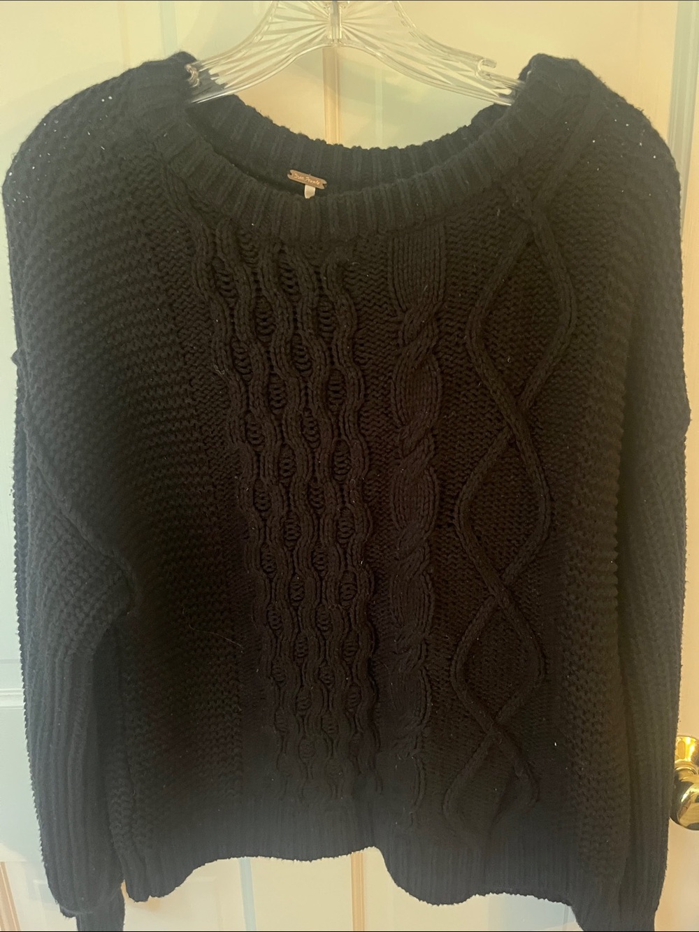 Free People Black Cable-Knit Scoopneck Sweater